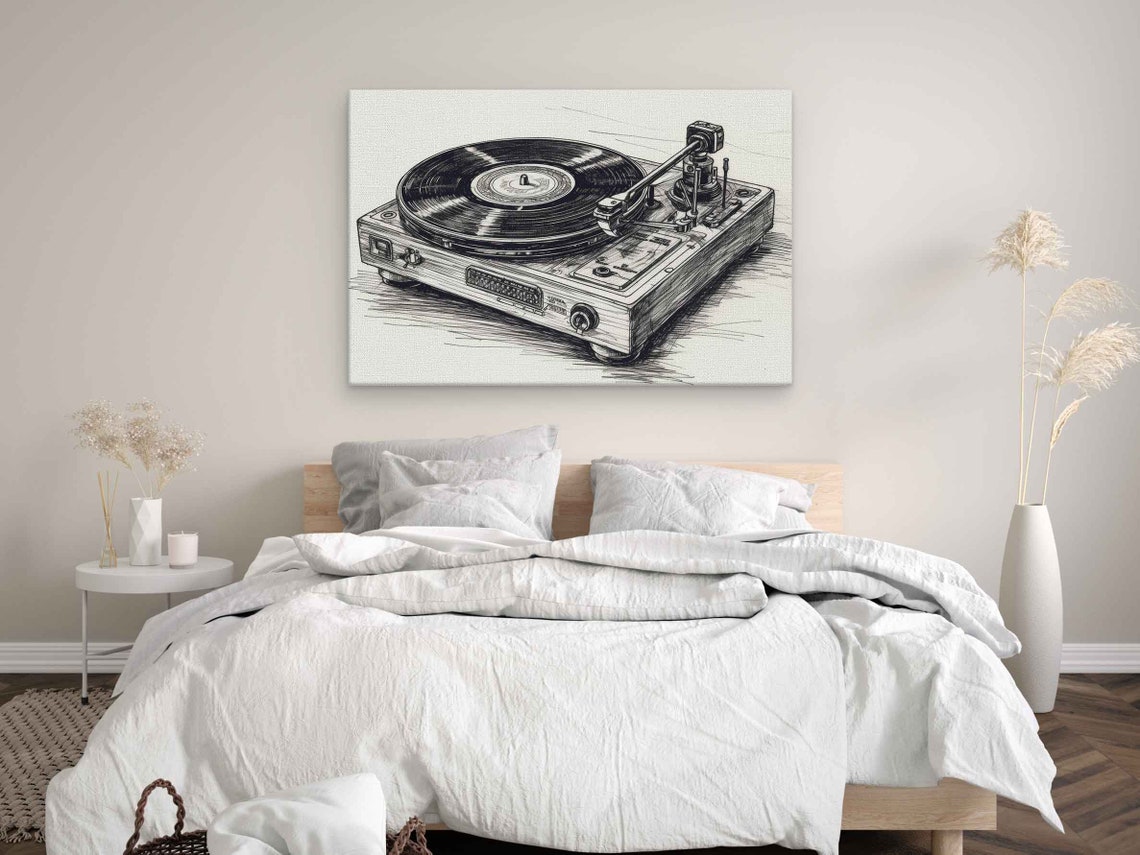 Vintage Record Player Turntable Pencil Sketch Drawing Wall Art Poster - Image 3