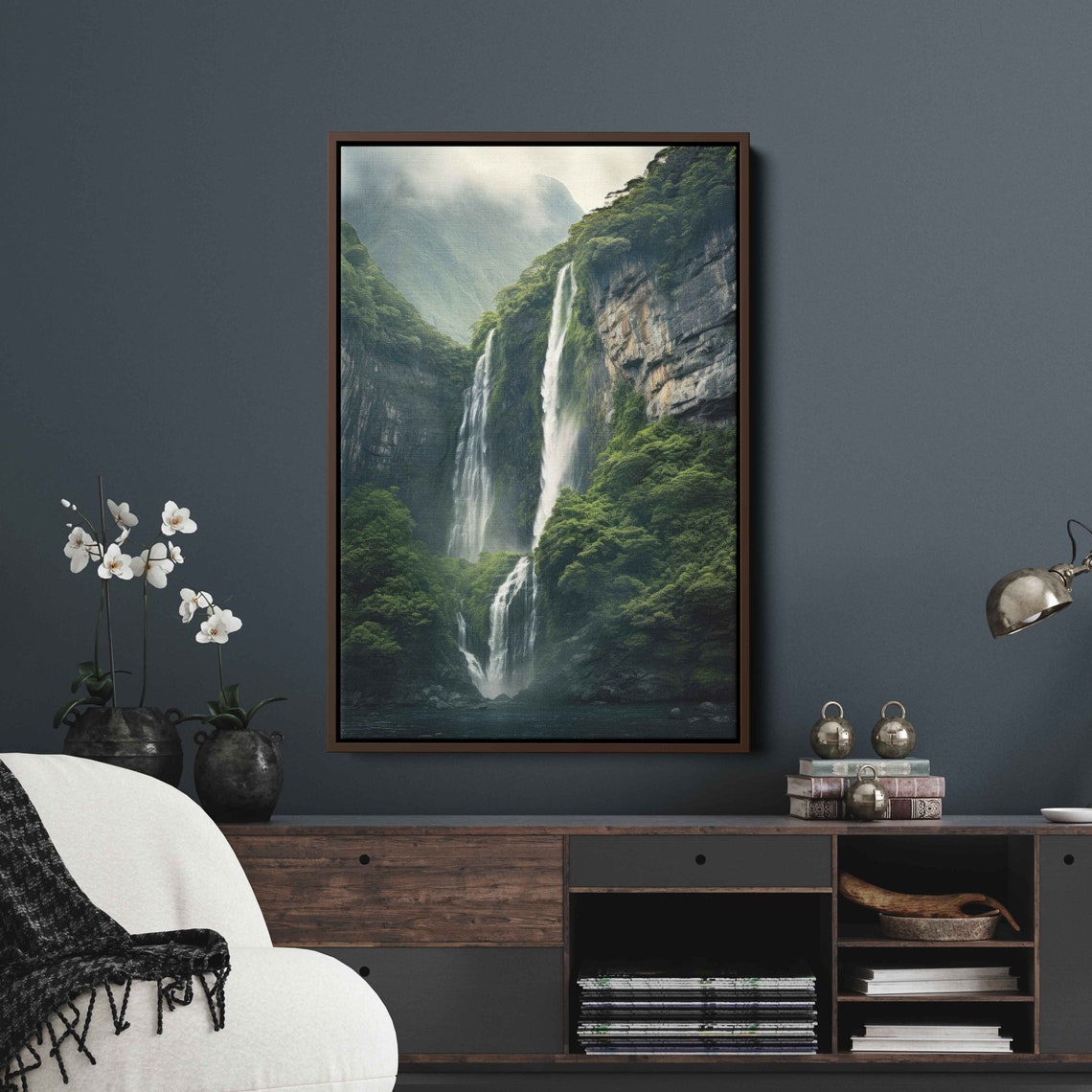 Misty Majestic Towering Waterfall Rugged Cliffs Lush Jungle Poster - Image 2