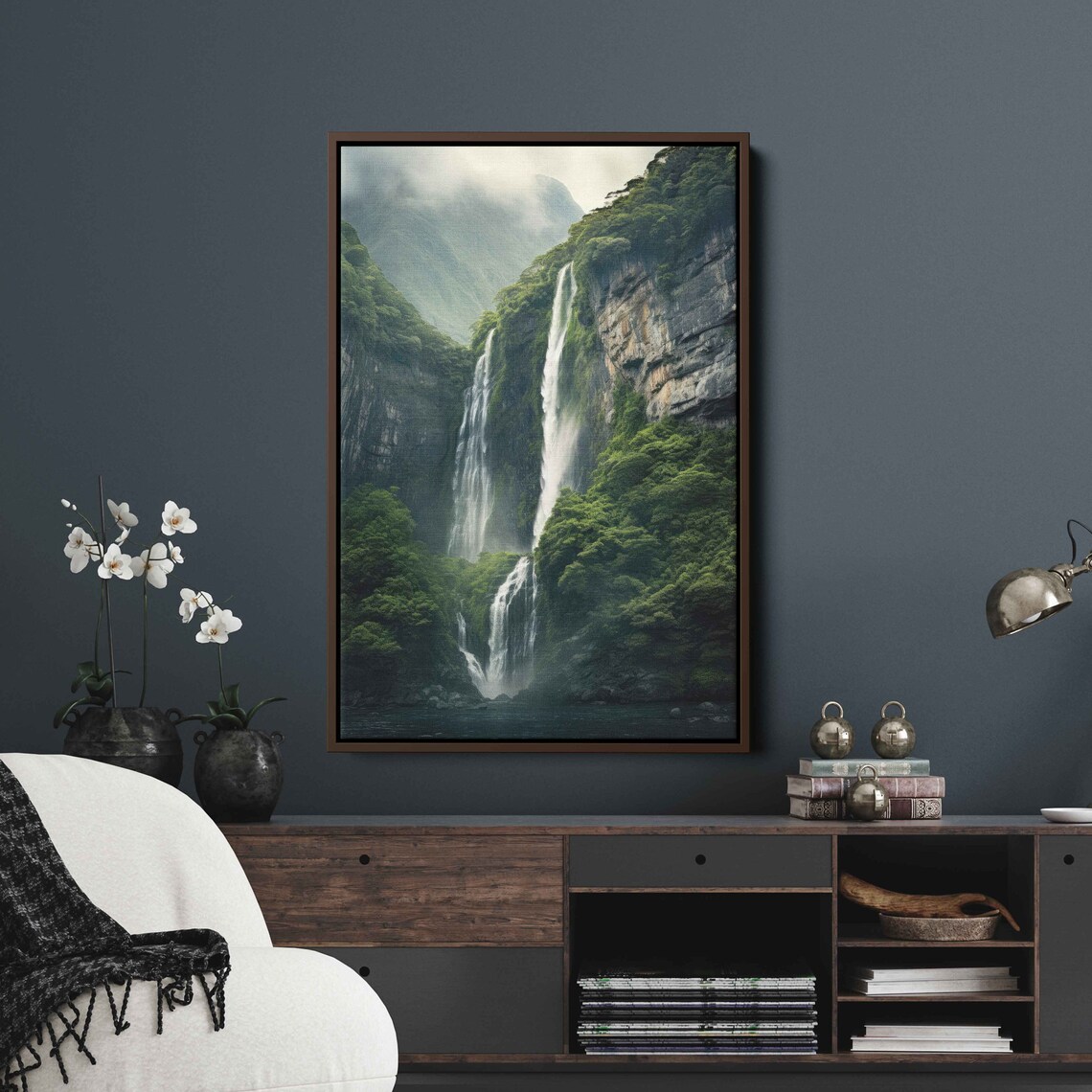 Towering Waterfall Over Rugged Cliffs Wall Art Ready To Hang Cliffside Nature Crashing Water Ready To Hang - Image 2