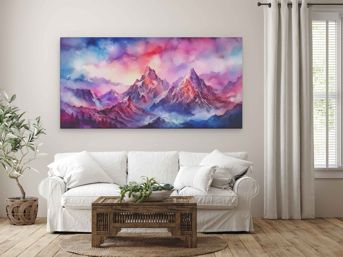 Red Blue Abstract Mountain Peaks Stormy Watercolor Art Poster - Image 3