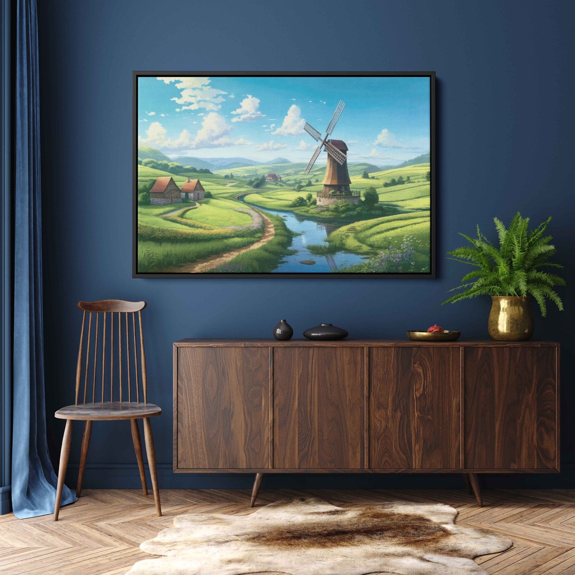 Serene Countryside Landscape Windmill River Framed Print Ready To Hang Country Rustic Wall Art Rural Decor - Image 2