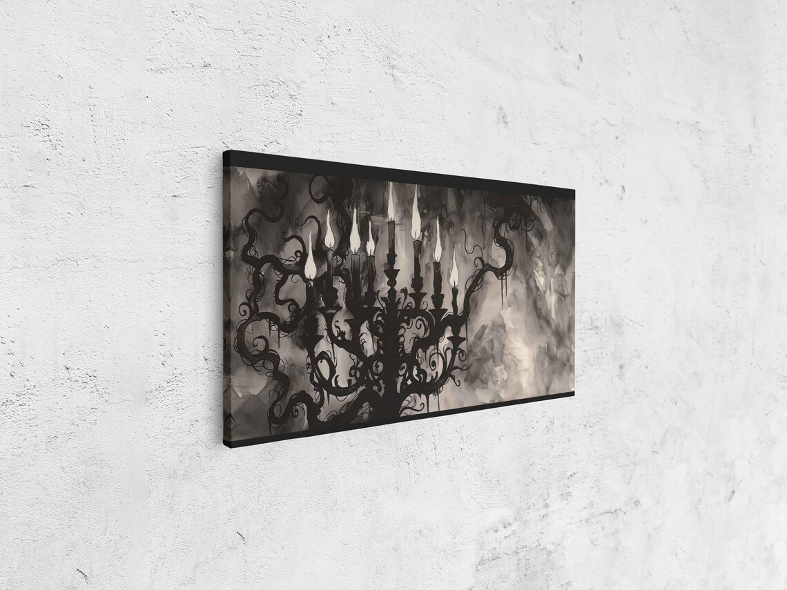 Gothic Candelabra With Burning Candles Smoky Monochrome Watercolor Wall Art Poster - Image 4
