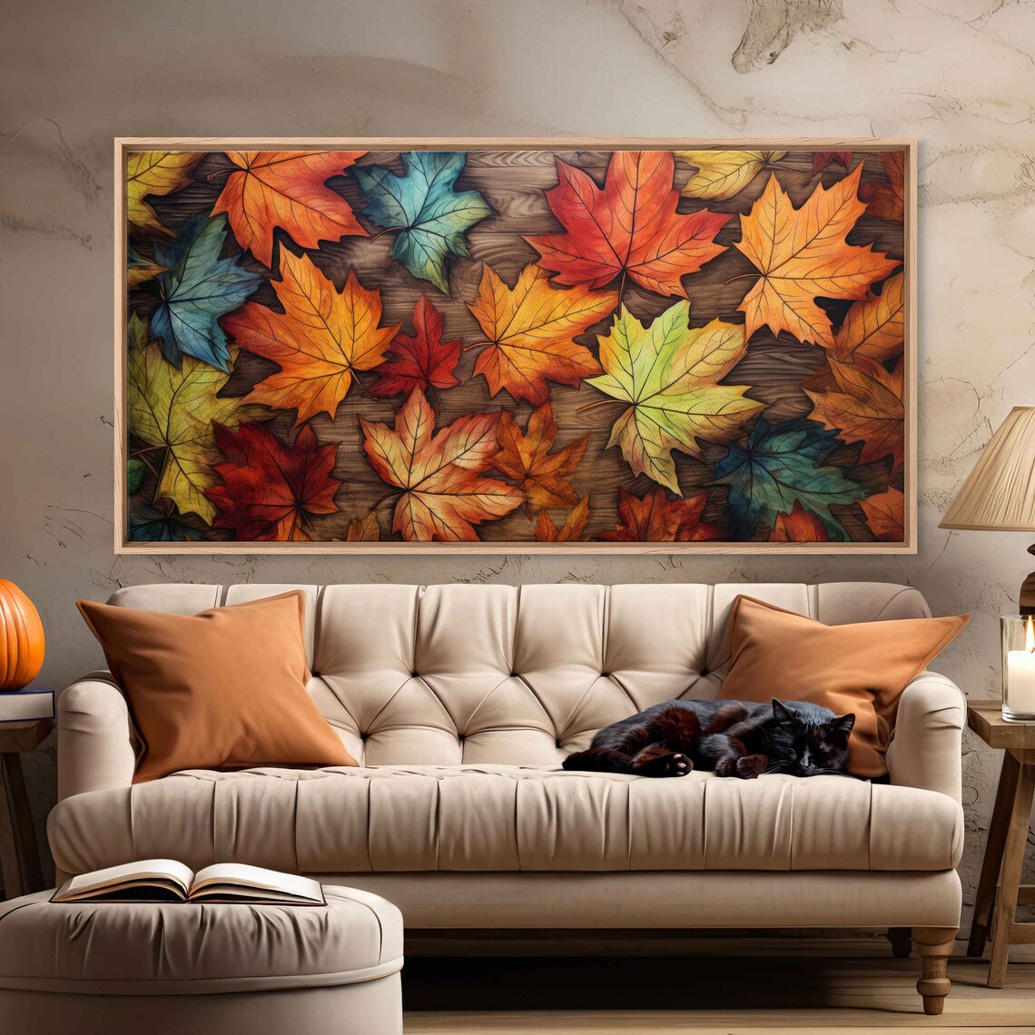 Vibrant Autumn Maple Leaves Wood Background Fall Colors Painting Print