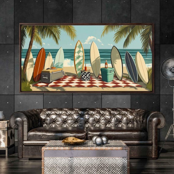 Vintage Surfboards Wall Art Print Retro Beach Day Picnic Blanket Palm Trees