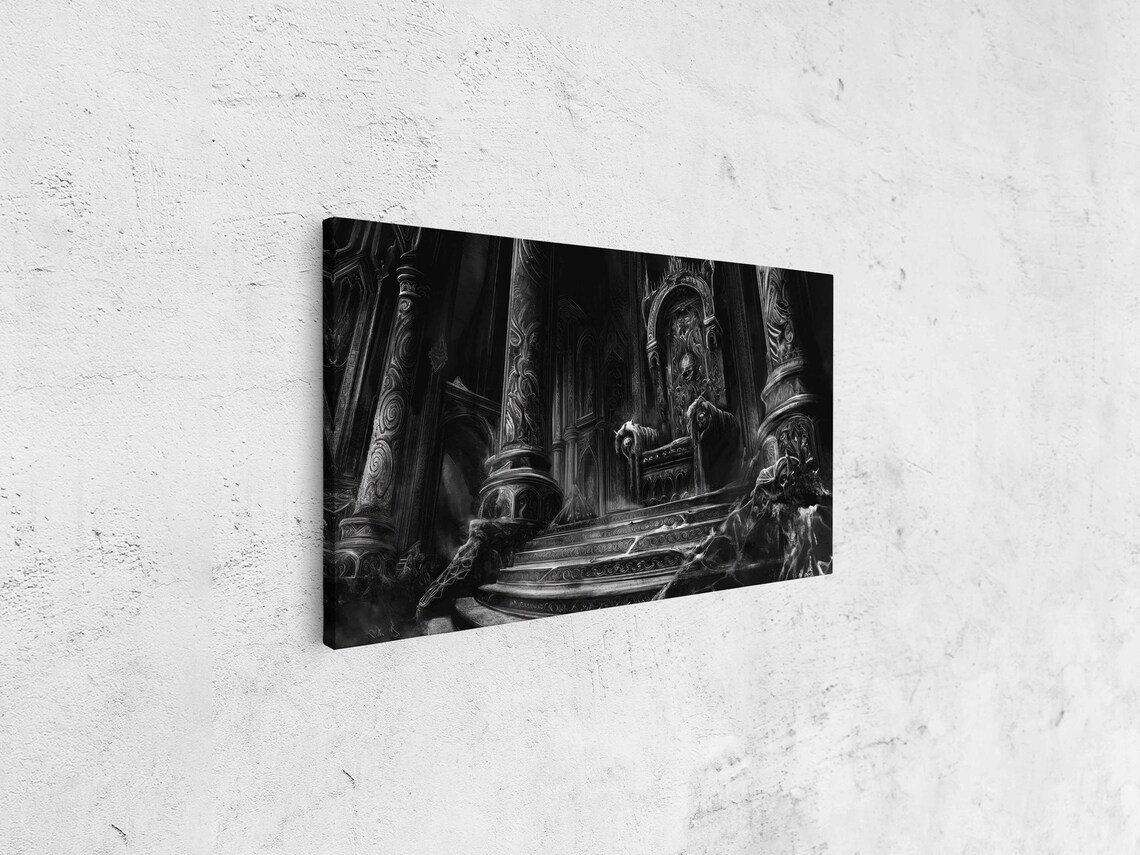 Gothic Throne Room Dark Castle Ornate Pillars Ink Art Halloween Wall Poster - Image 4