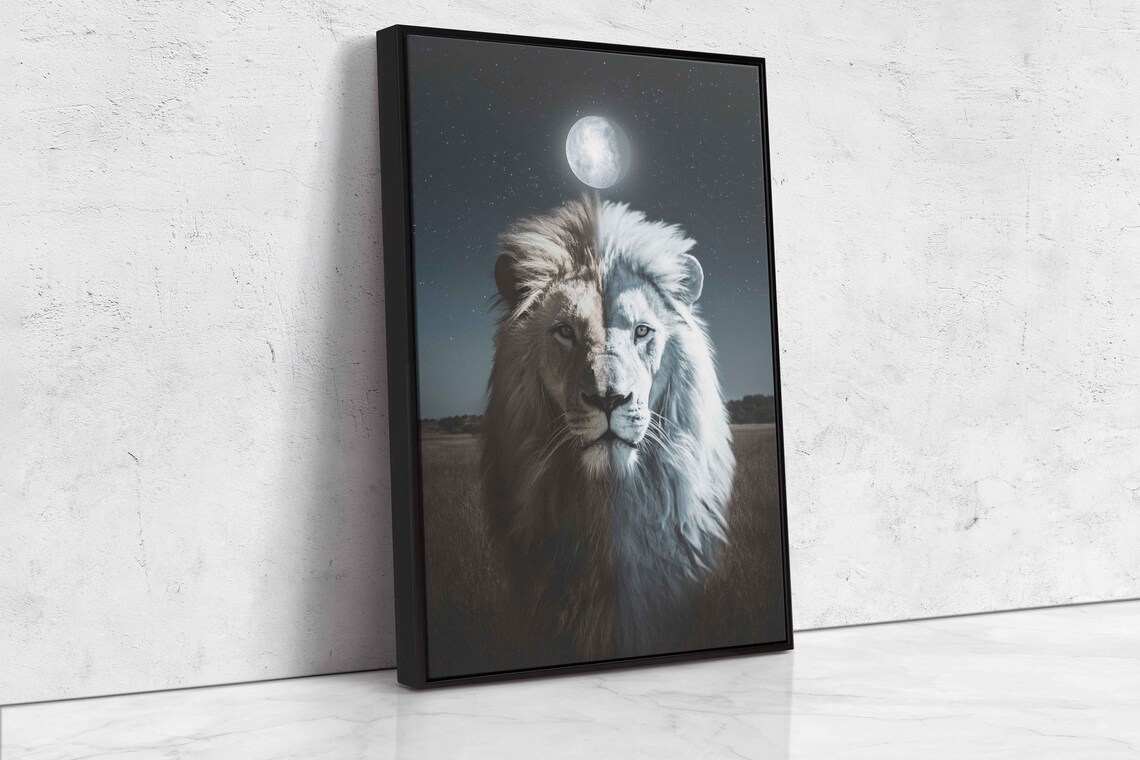 Lion Portrait Split Moonlight Full Moon Night Sky Majestic Animal Art Poster - Image 4