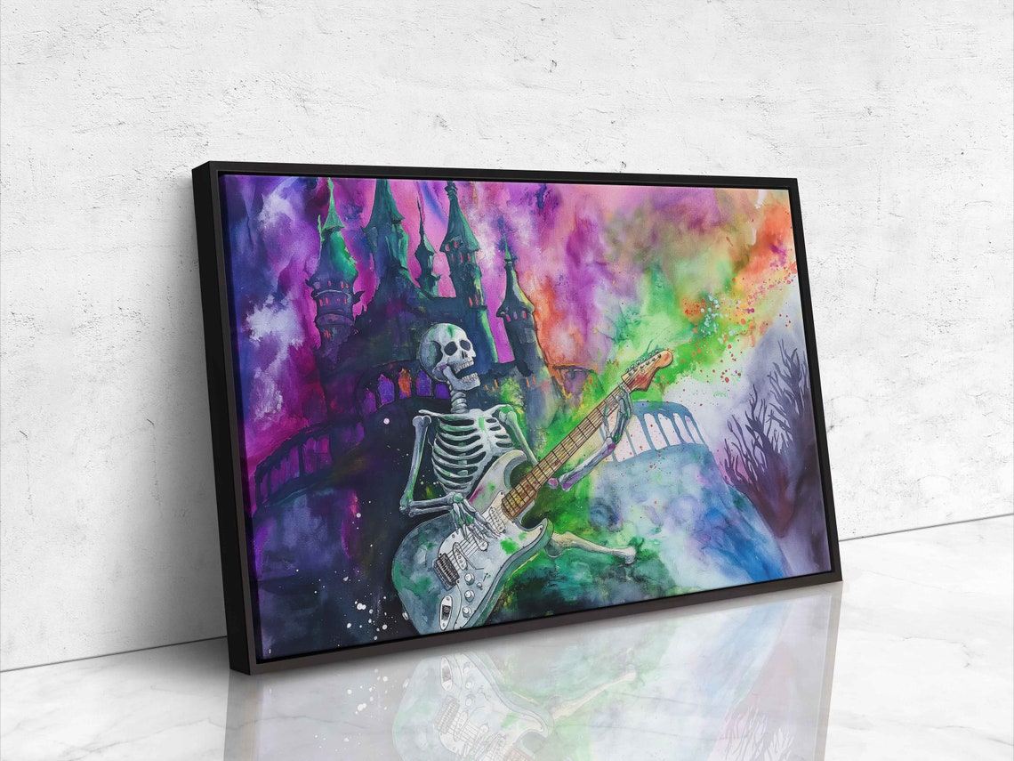 Skeleton Playing Electric Guitar Spooky Castle Watercolor Poster - Image 4