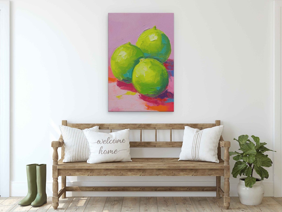 Fresh Green Limes On Pink Background Palette Knife Kitchen Art Poster - Image 2