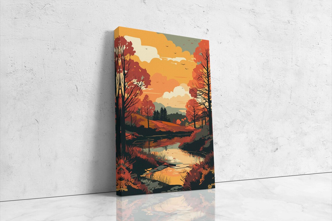 Autumn Sunset Pond Reflection Pop Art Landscape Painting Poster - Image 4
