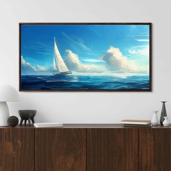 Sailboat Racing On Deep Blue Ocean Under Dramatic Cloudy Sky Poster