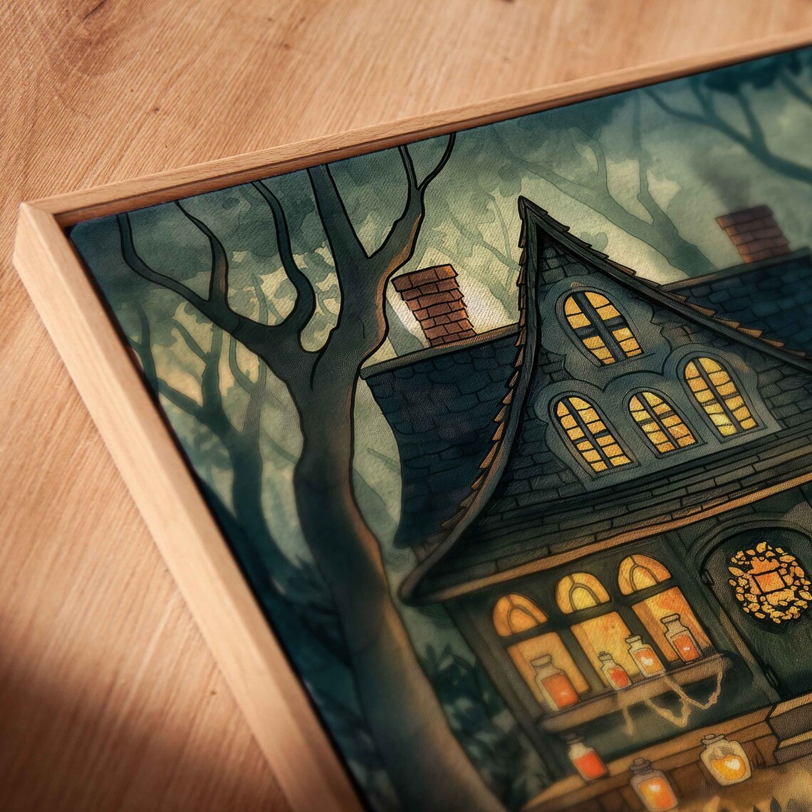 Cozy Witch Cottage With Glowing Lanterns Black Cat Under Harvest Moon Wall Art - Image 2