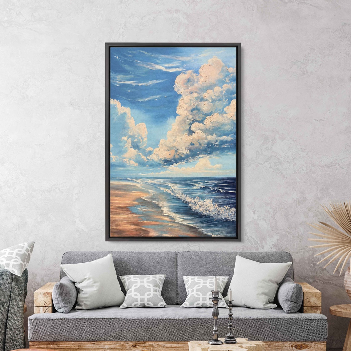 Dramatic Towering Clouds Over Beach Waves Oil Painting Art Poster - Image 3