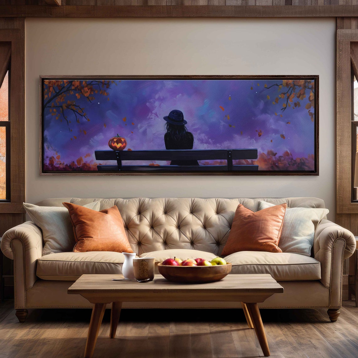 Witch Park Bench Jack O Lantern Purple Twilight Night Panoramic Poster - Image 3