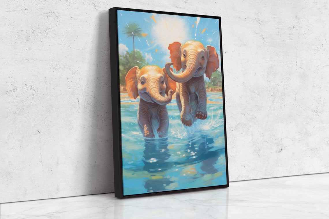 Two Baby Elephants Playing Turquoise Water Cute Wildlife Print - Image 4