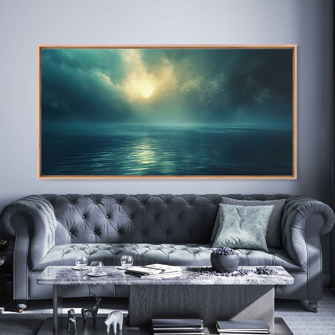 Moody Dark Ocean Night Sky Breaking Light Seabirds Soaring Dramatic Art Poster - Image 2