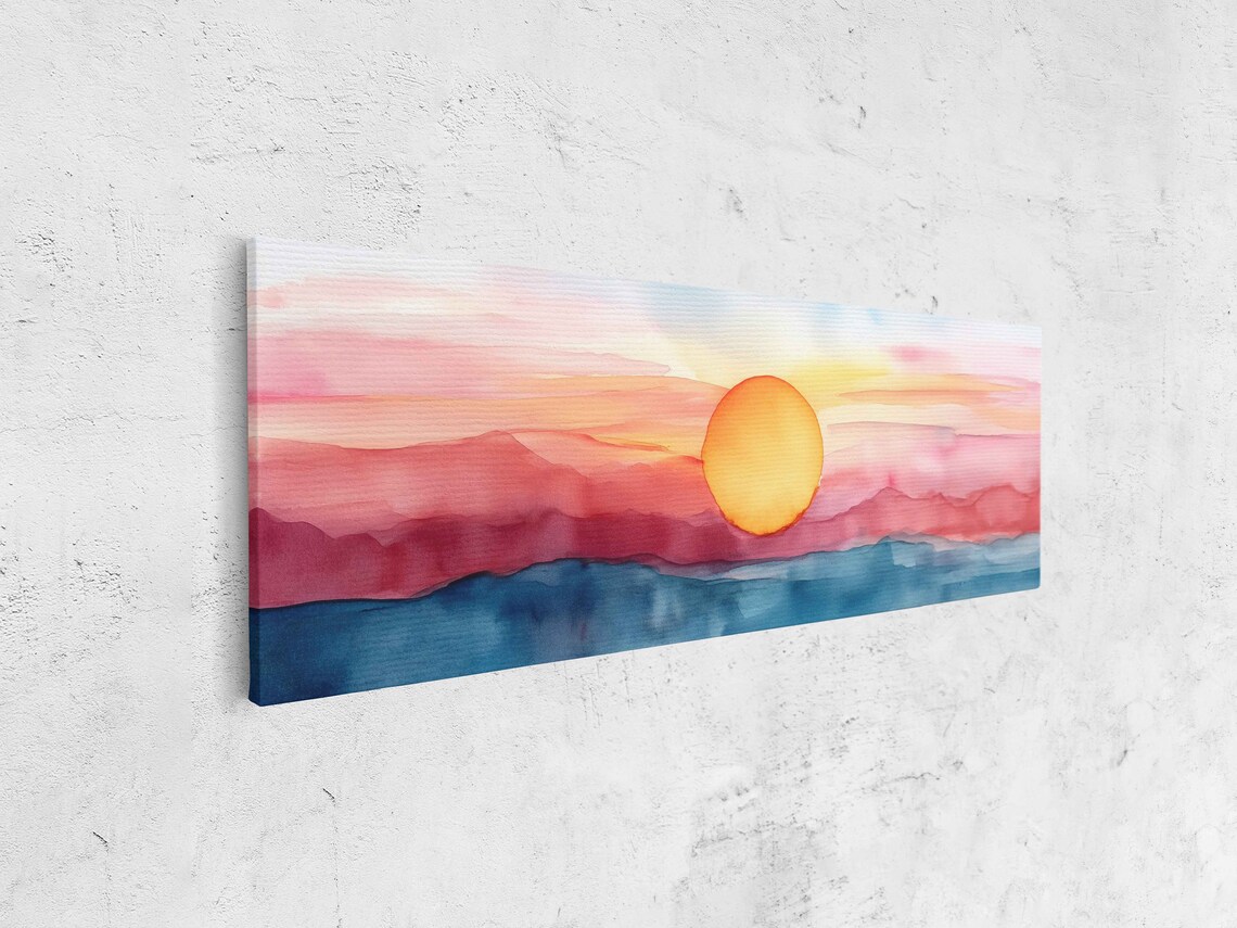 Watercolor Sunset Big Orange Sun Layered Mountains Lake Panorama Print - Image 4