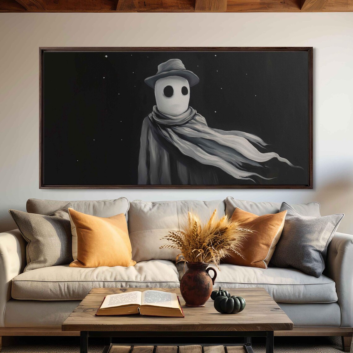 Creepy Ghost In Hat And Scarf Floating In Dark Starry Night Space Poster - Image 3