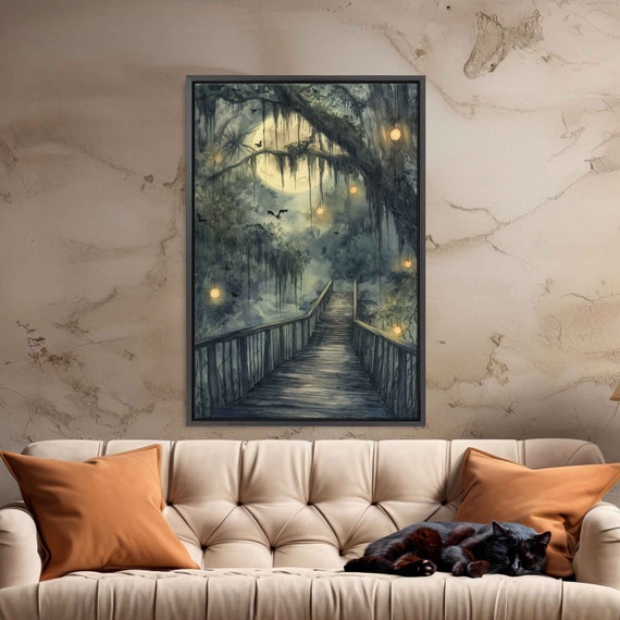 Creaky Old Wooden Bridge Spanning Over Misty Swamp Wall Art Print Moonlit Enchanted Foggy Marsh Flying Bats Ready To Hang