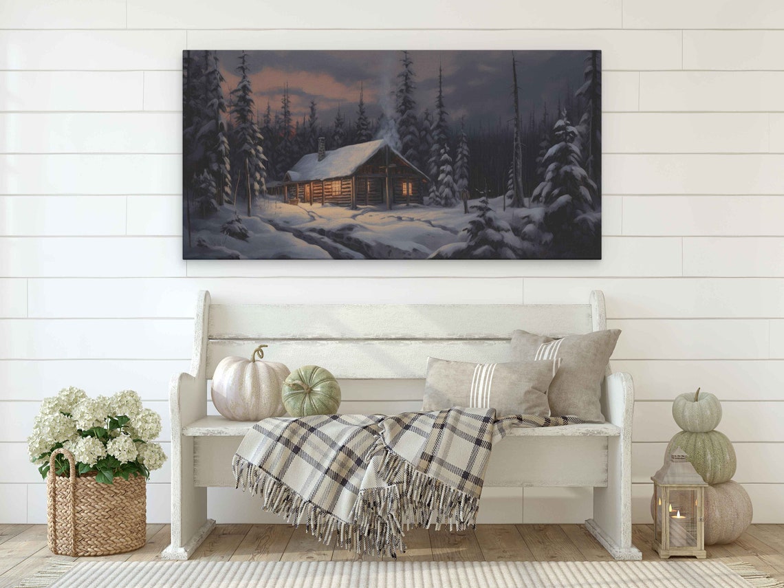 Snowy Log Cabin Glowing Windows Winter Forest Night Art Poster - Image 2