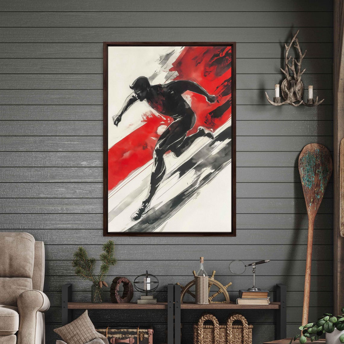 Sprinting Runner Wall Art Print Watercolor Futurism Bold Red And Black