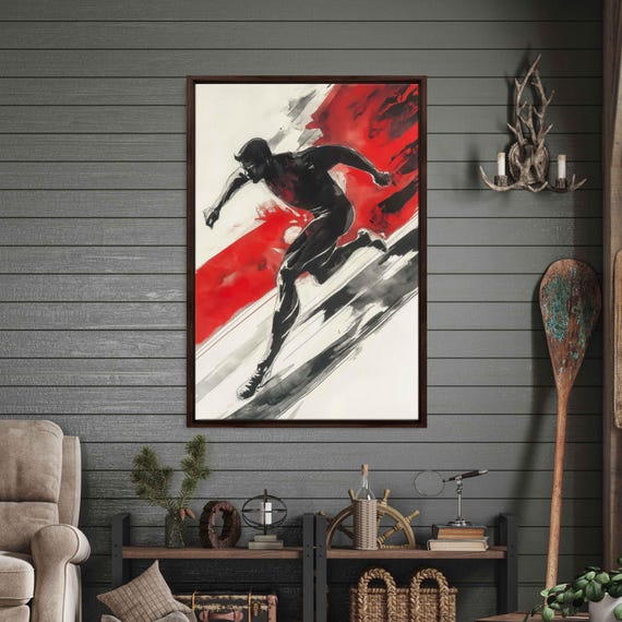 Sprinting Runner Wall Art Print Watercolor Futurism Bold Red And Black