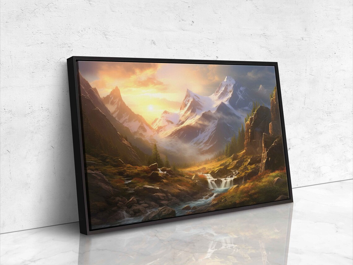 Captivating Sunlit Landscape Painting Mountain Valley Forest Framed Print Ready To Hang - Image 4