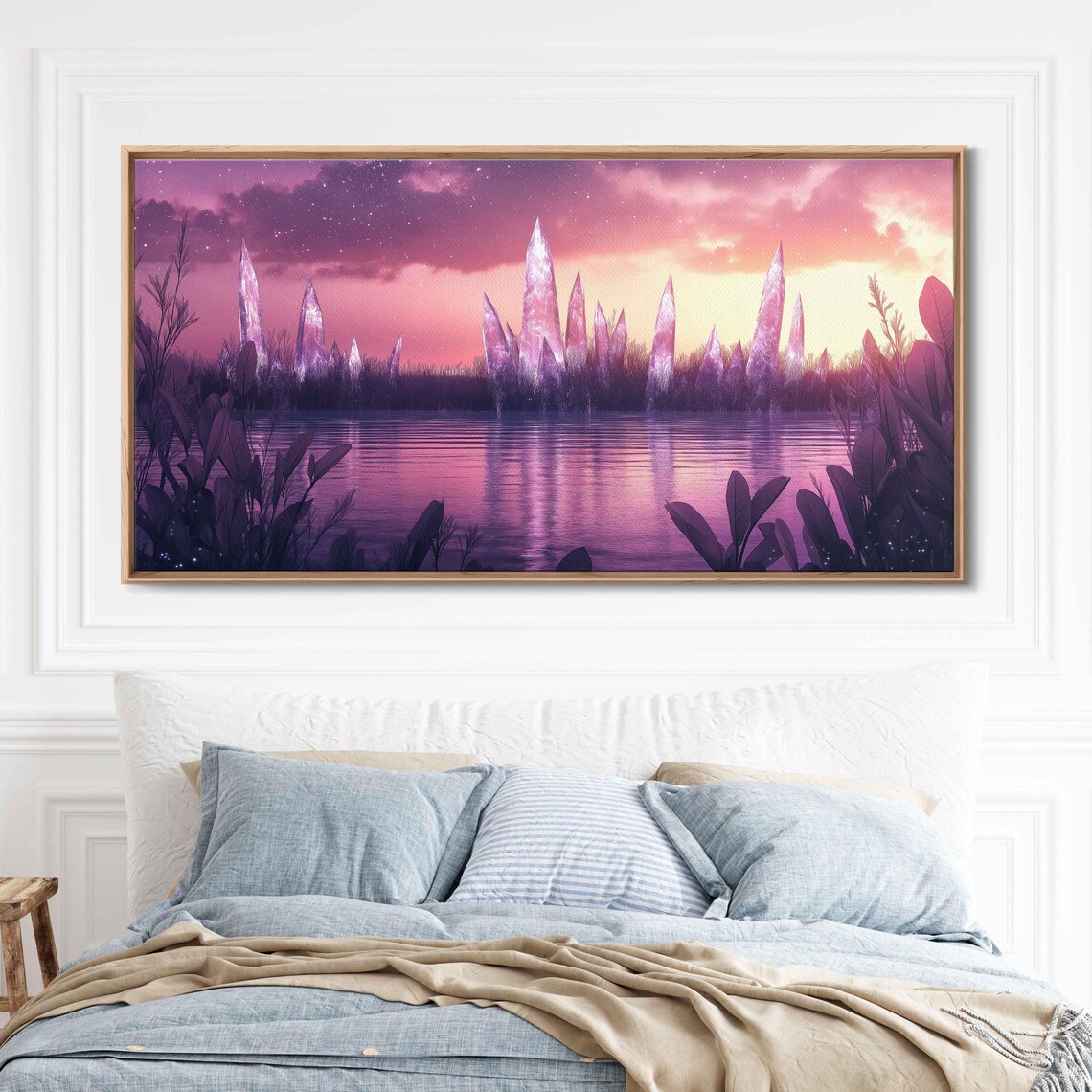 Mystical Secluded Lagoon Wall Art Print Crystal Spires Soft Plum Sunset