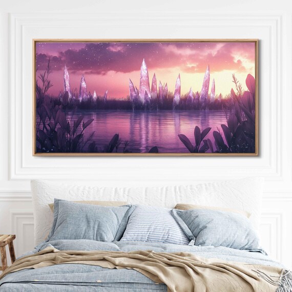 Crystal Spires Over Tranquil Lagoon Pink Violet Sunset Fantasy Wall Art