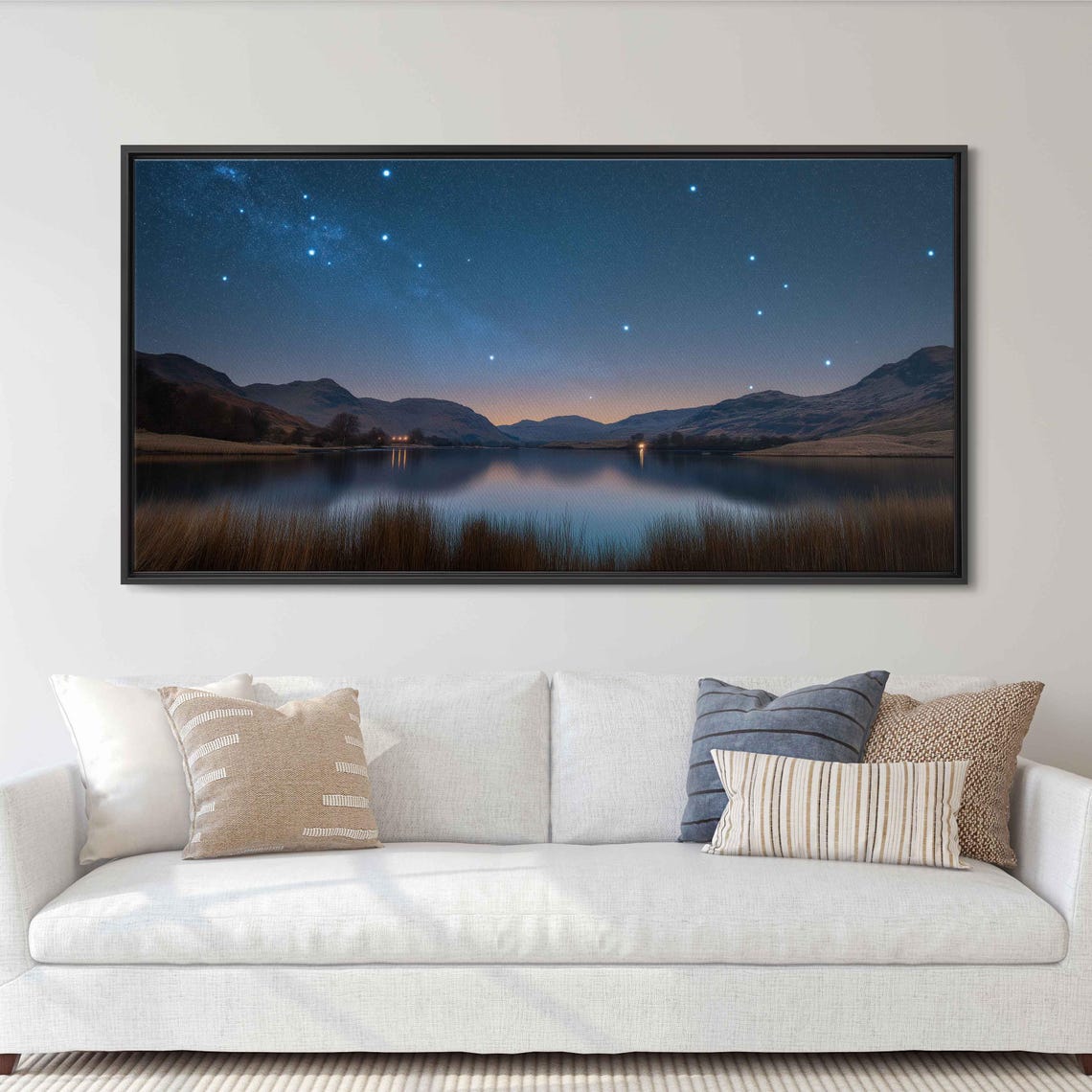 Starry Night Sky Over Mountain Lake With Glowing Reflection Poster