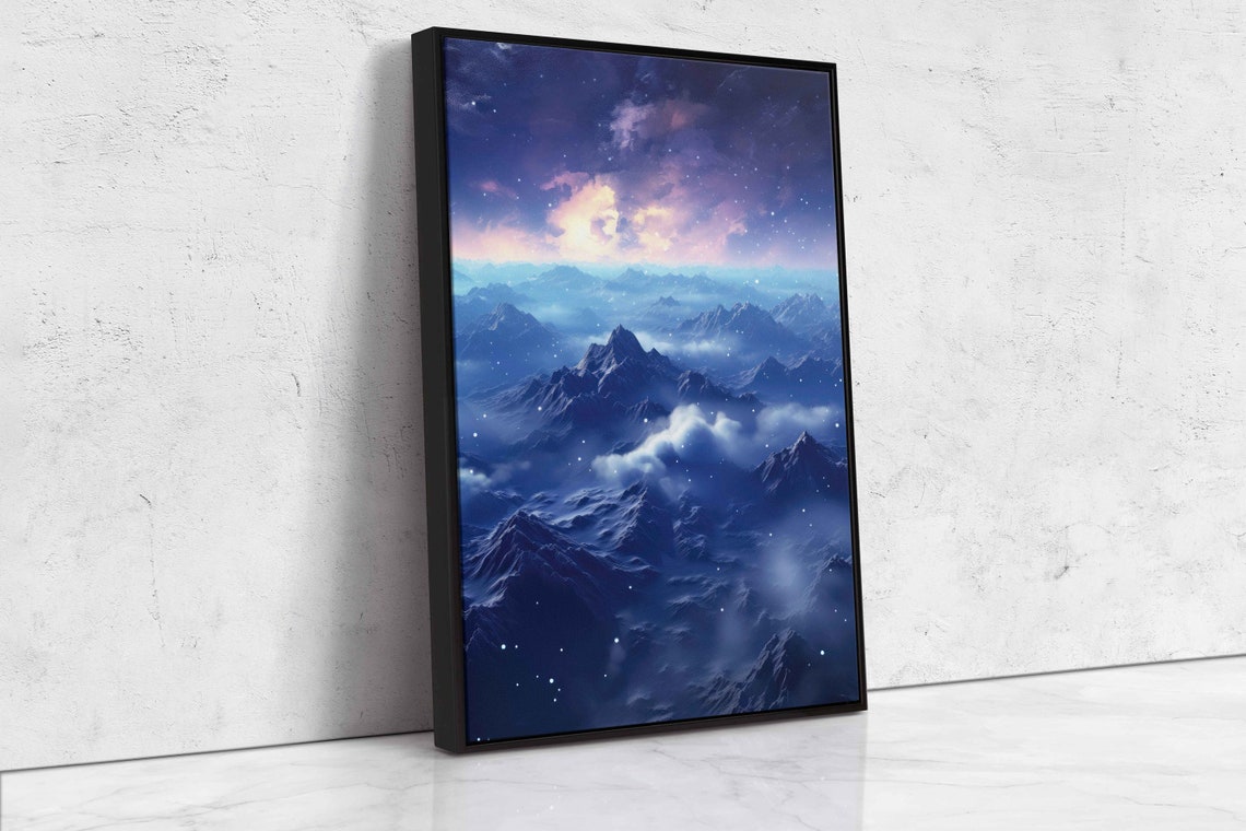 Snowy Mountain Ranges Above Clouds Starry Night Sky Art Poster - Image 4