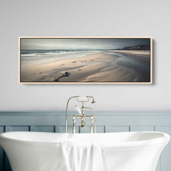 Empty Sandy Beach Panoramic Gray Sky Gentle Waves Minimalist Seascape Poster