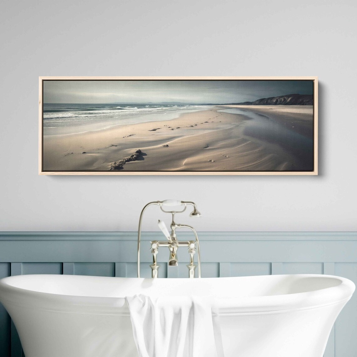 Empty Sandy Beach Panoramic Gray Sky Gentle Waves Minimalist Seascape Poster