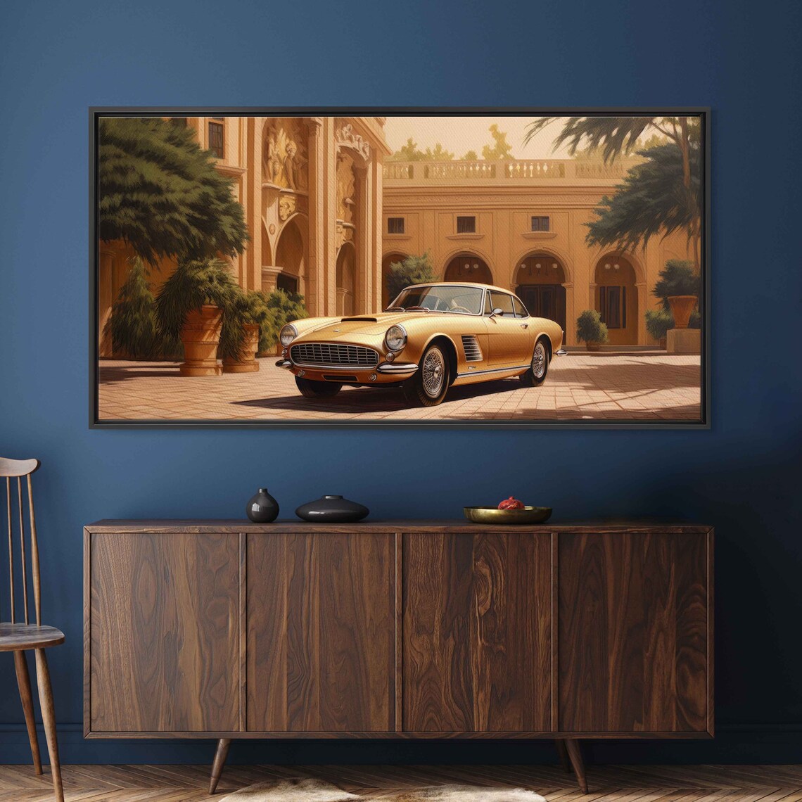 Classic Golden Vintage Coupe Italian Courtyard Automotive Art Poster - Image 2