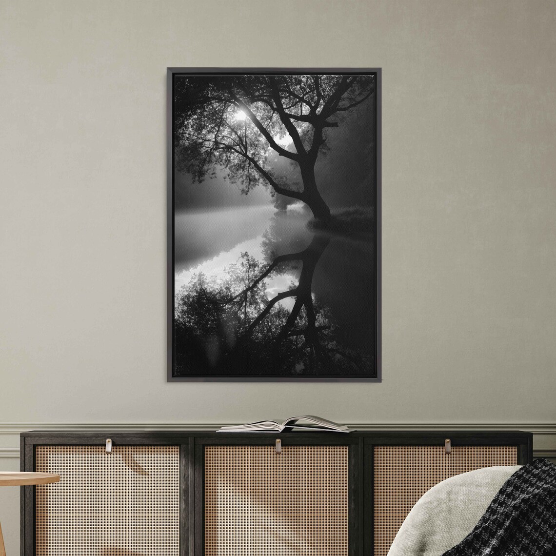 Tree Overhanging Lake Edge With Sun Shining Through Branches Wall Art Print Reflection Off Water Ready To Hang