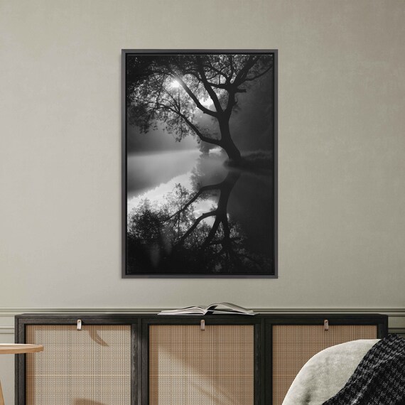 Tree Overhanging Lake Edge With Sun Shining Through Branches Wall Art Print Reflection Off Water Ready To Hang
