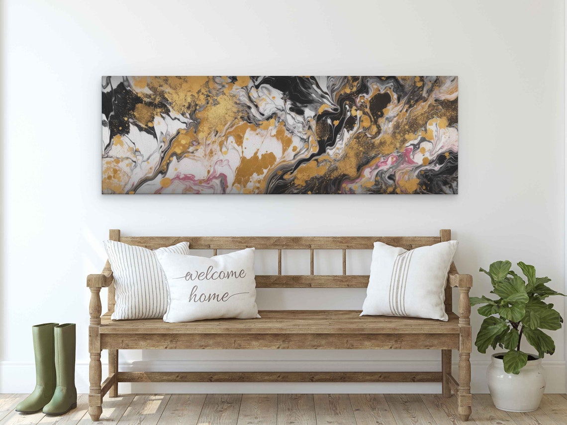 Black Gold White Panoramic Marble Splash Abstract Wall Art Poster - Image 2