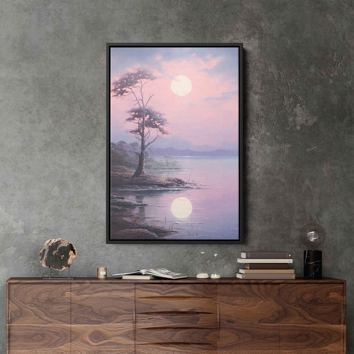Serene Lone Moonlit Pine Tree Lake Reflection Pink Sky Poster - Image 3