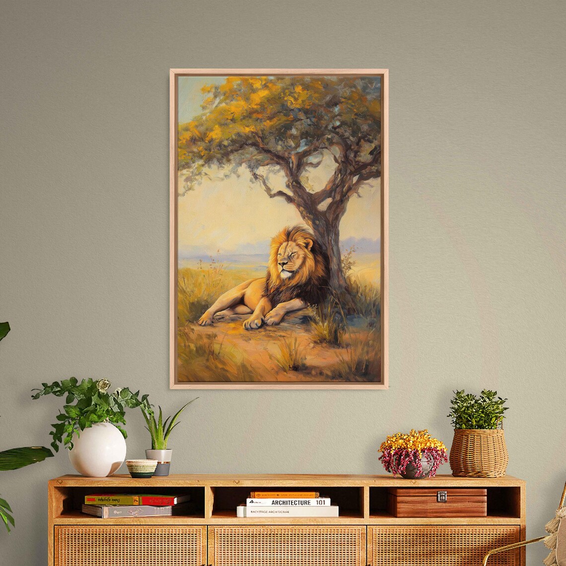 Lion Resting Under Tree Golden Afternoon Light Warm Oil Painting Poster - Image 3
