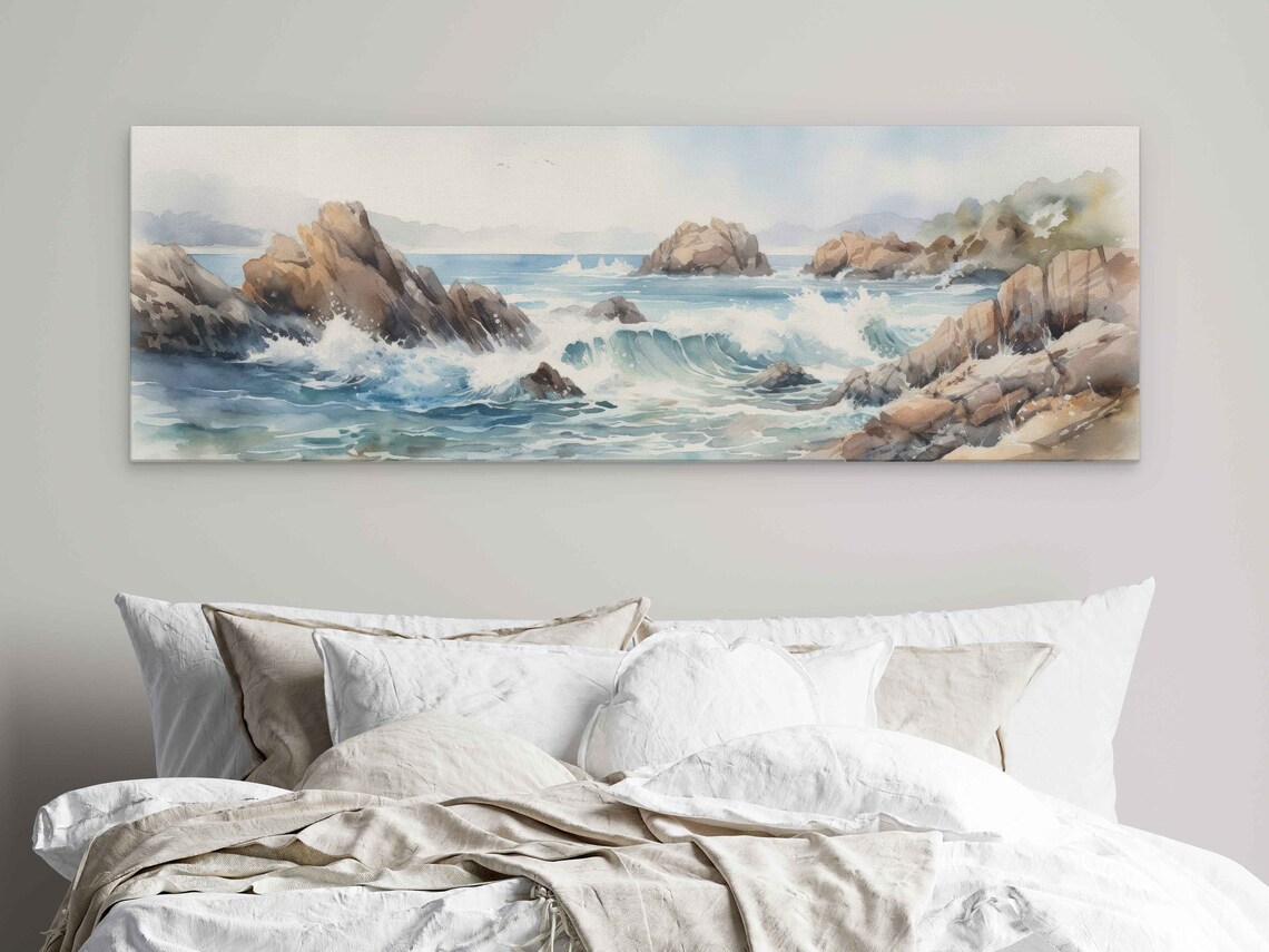 Ocean Waves Crashing On Rocky Coast Watercolor Panoramic Travel Poster