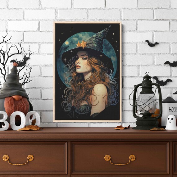 Celestial Witch Star Hat Full Moon Copper Hair Portrait Halloween Art Print