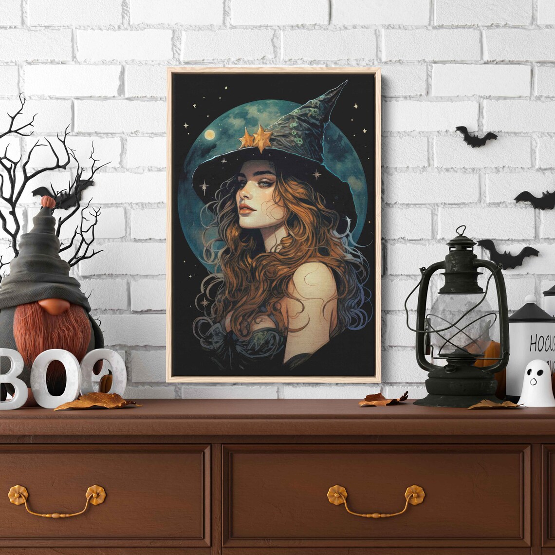 Celestial Witch Star Hat Full Moon Copper Hair Portrait Halloween Art Print