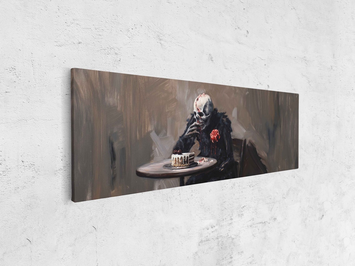 Skeleton Eating Cake At Small Table Dark Spooky Halloween Poster - Image 4