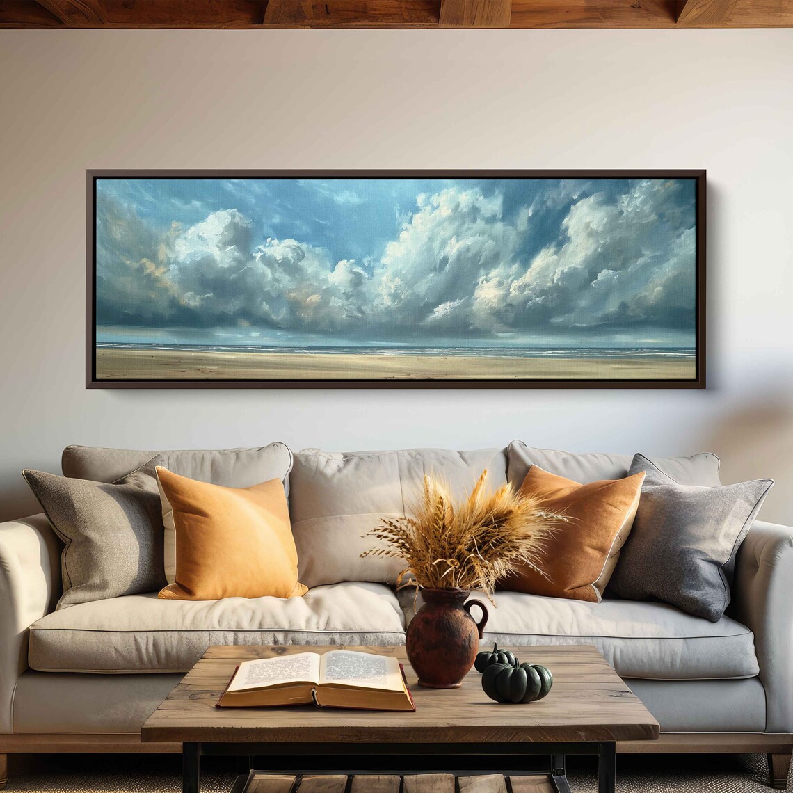Dramatic Cumulus Clouds Calm Sea Sandy Beach Panoramic Coastal Sky Wall Poster - Image 3