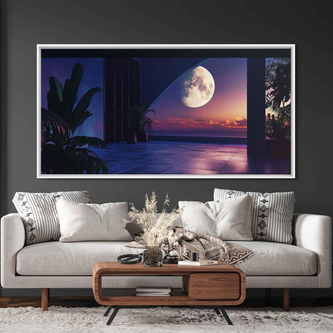 Tranquil Terrace At Twilight Wall Art Print Moonlit View Geometric Shapes Emotion Foliage - Image 3