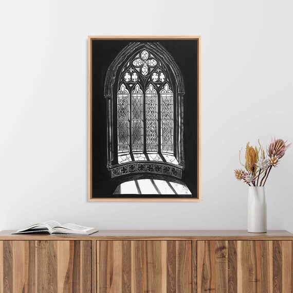 Gothic Arched Window Leaded Glass Dark Tracery Ink Halloween Wall Poster