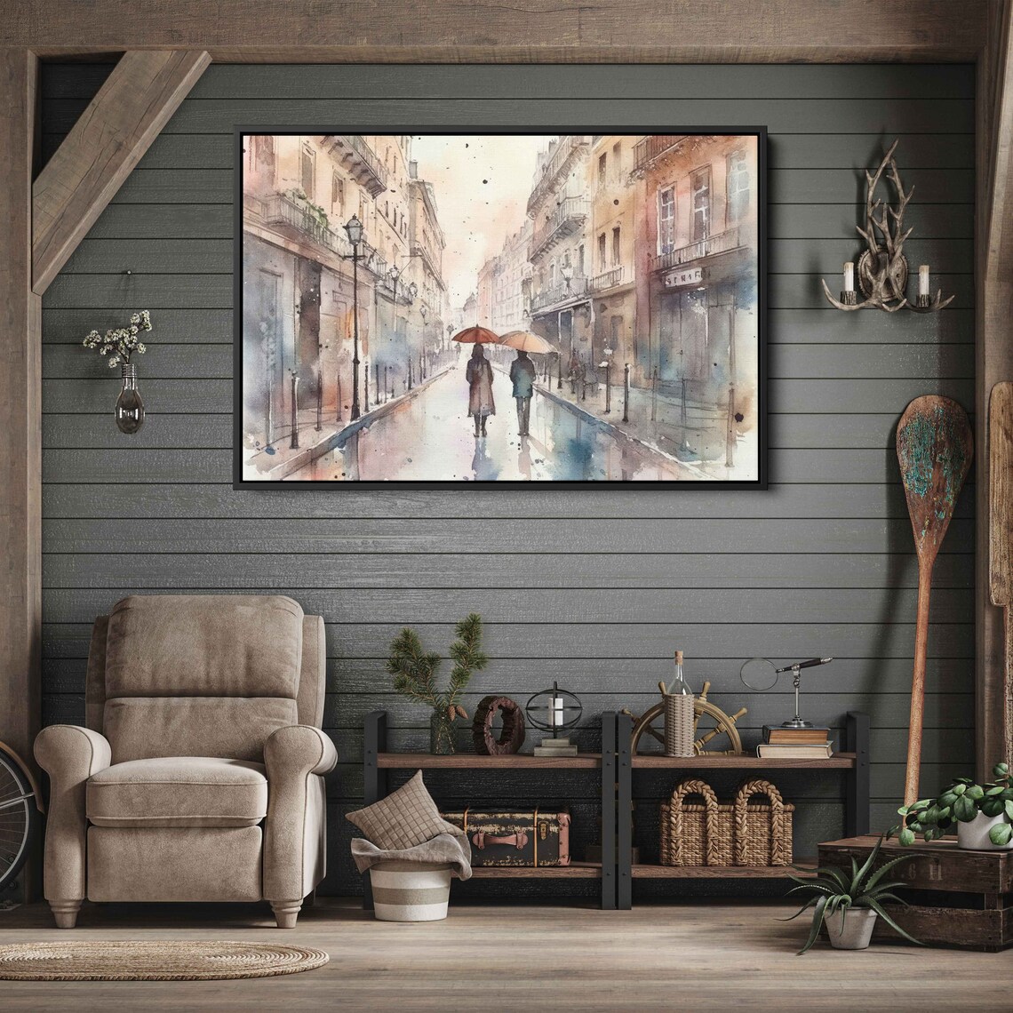 Paris Street Couple Under Umbrellas Rainy Day Watercolor Travel Poster - Image 2