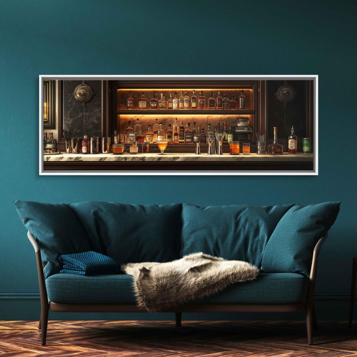 Elegant Backlit Home Bar Bottle Display Night Panoramic Poster - Image 3