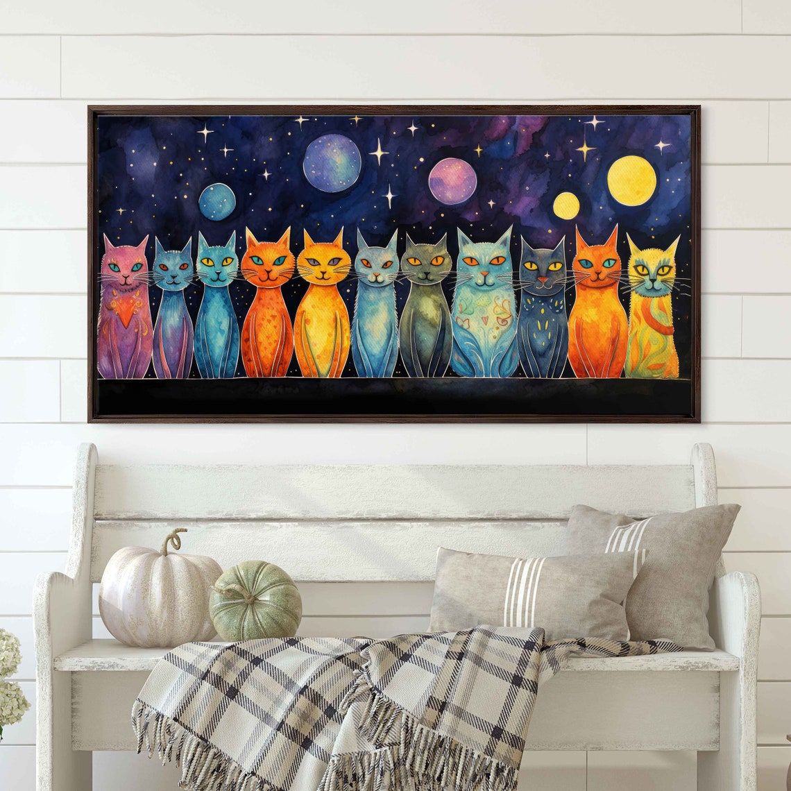 Celestial Watercolor Cats Starry Sky Moons Colorful Row Wall Art Print - Image 2