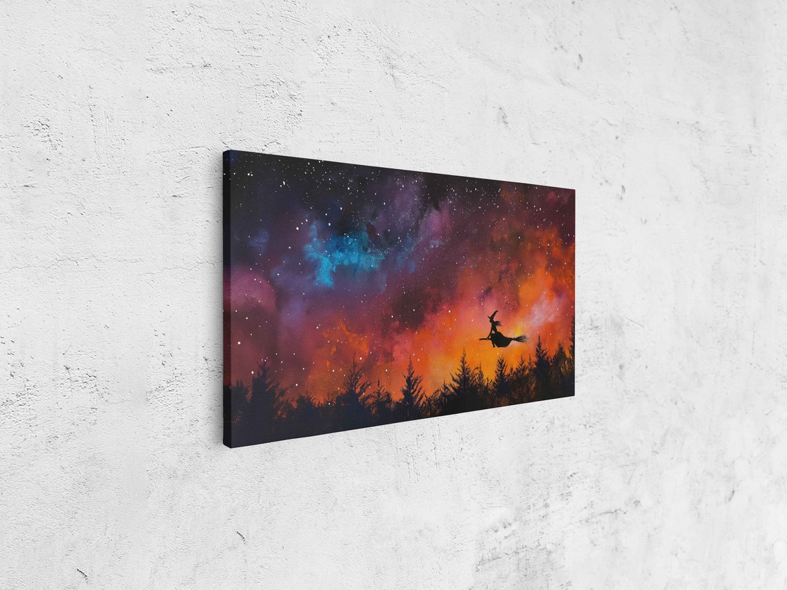 Witch Riding Broomstick Over Forest Colorful Starry Night Sky Print - Image 4