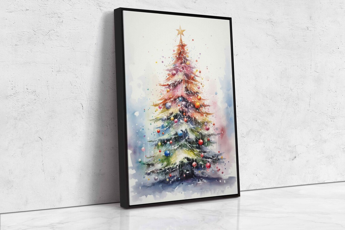 Watercolor Christmas Tree Colorful Ornaments Gold Star Poster